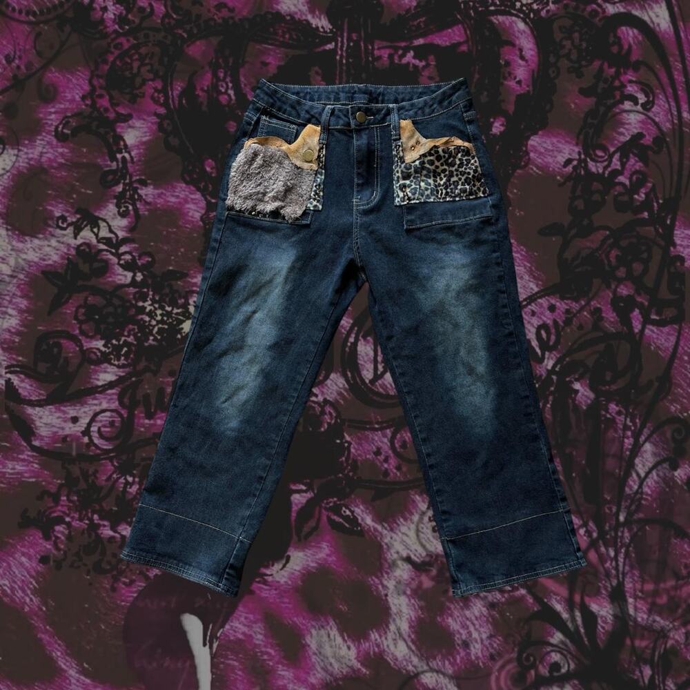 dark indigo faded wash animal print patched cropped wide stright leg capri jeans